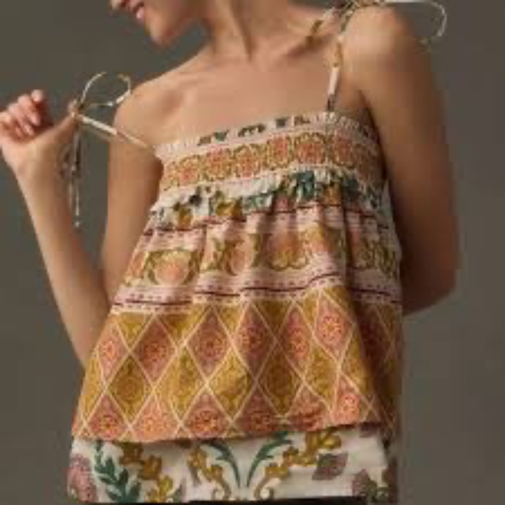 Anthropologie Sarah Hann Printed Babydoll Tank top Sz S Boho chic